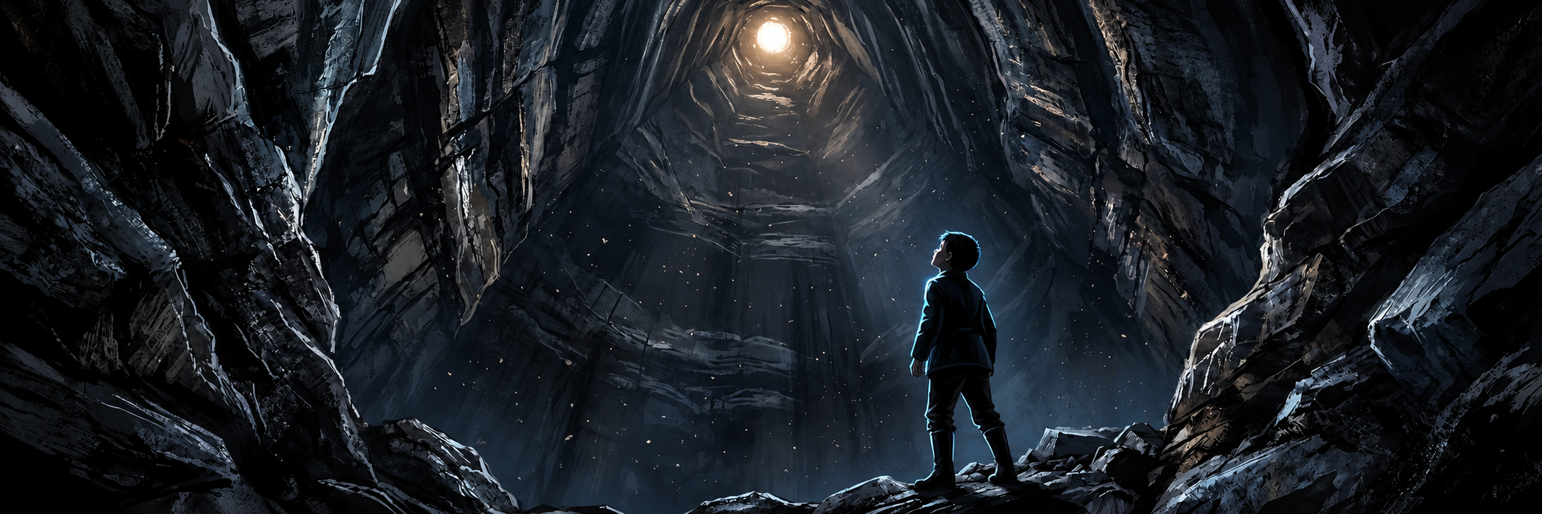 A figure at the bottom of a pit, looking up at a distant point of light